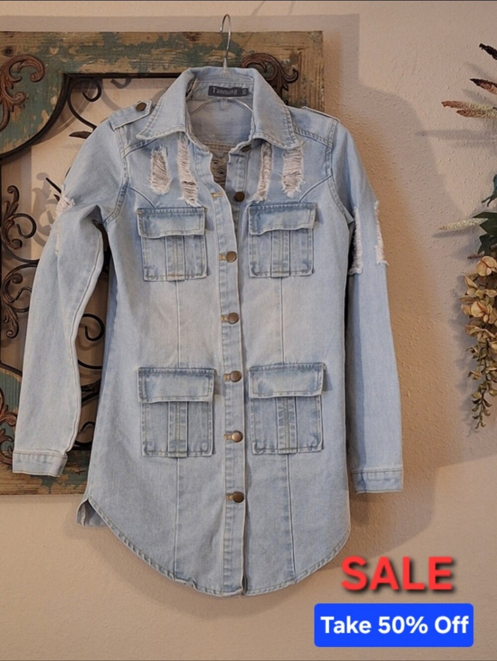 Tanning Light Blue Distressed Longline Denim Jacket. Size XS